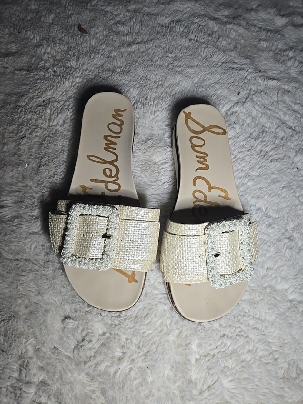 Sam Edelman Women's Ivory Buckle Slide Sandals Size 7 Rhinestone Flat Slides